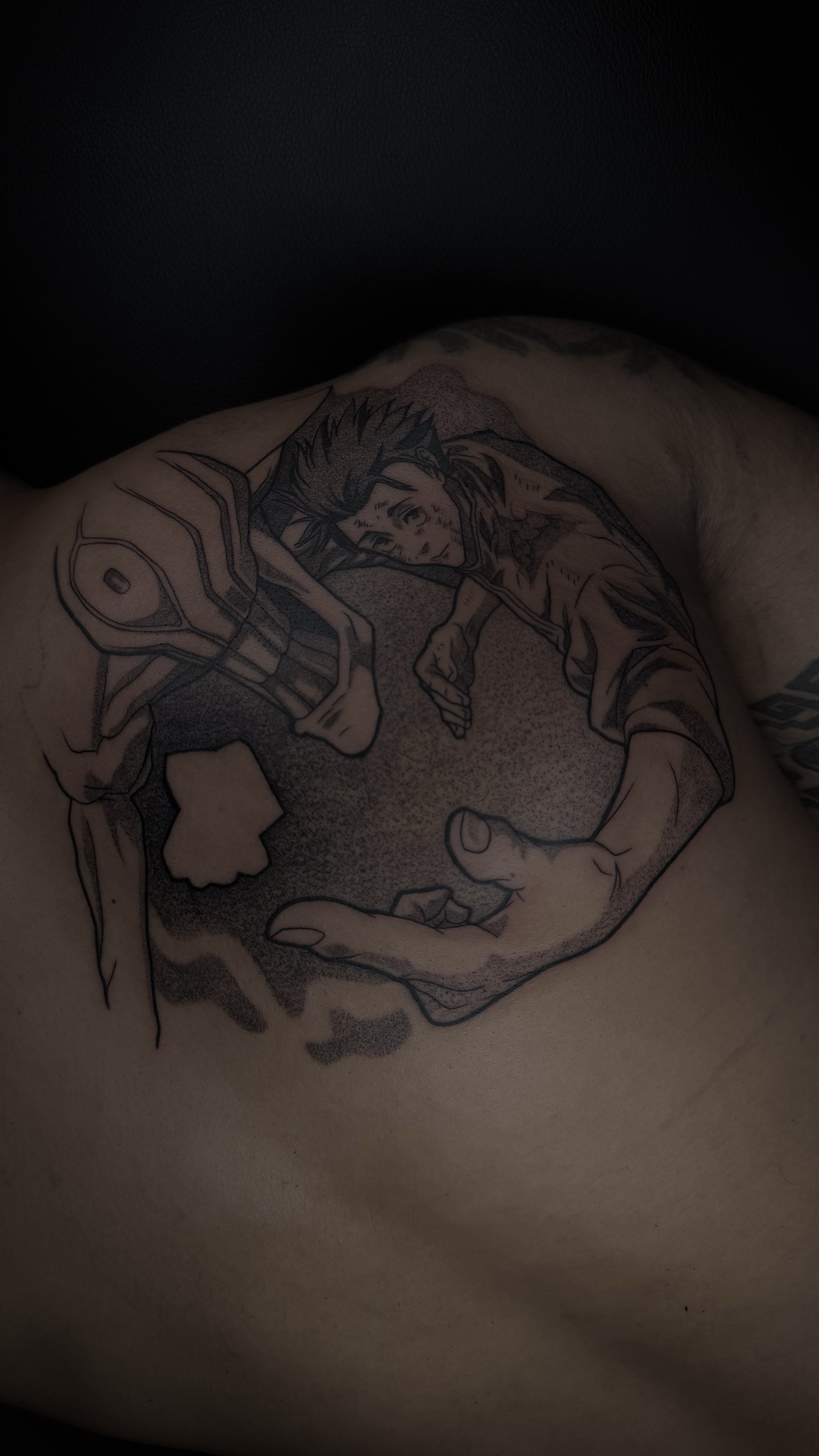 Stencil and finished anime tattoo by Danny Flores